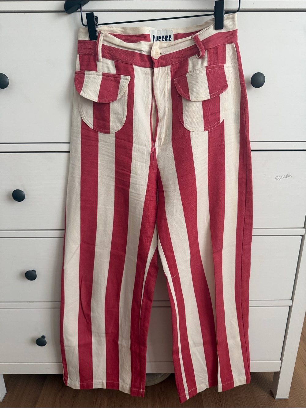 La Veste Striped Red & White Cargo Pants with Flap Pockets